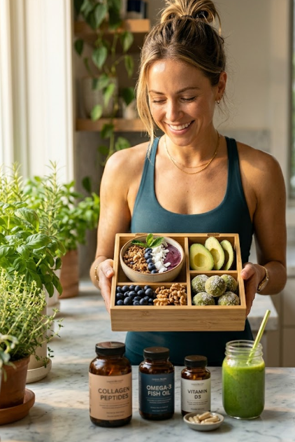 Woman holding healthy food tray with collagen peptides, omega-3, and vitamin D3 supplements for balanced nutrition