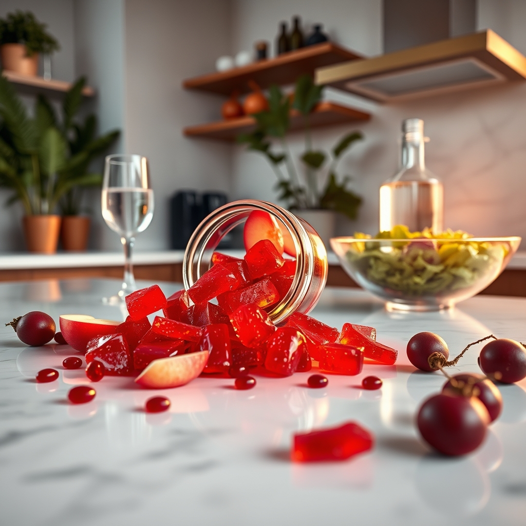 Glass jar of red apple cider vinegar ACV gummies spilled on white marble kitchen counter with fresh apple slices, pomegranate seeds, glass of water, and bowl of ingredients — best ACV gummies for weight loss, belly fat reduction and metabolism boost
