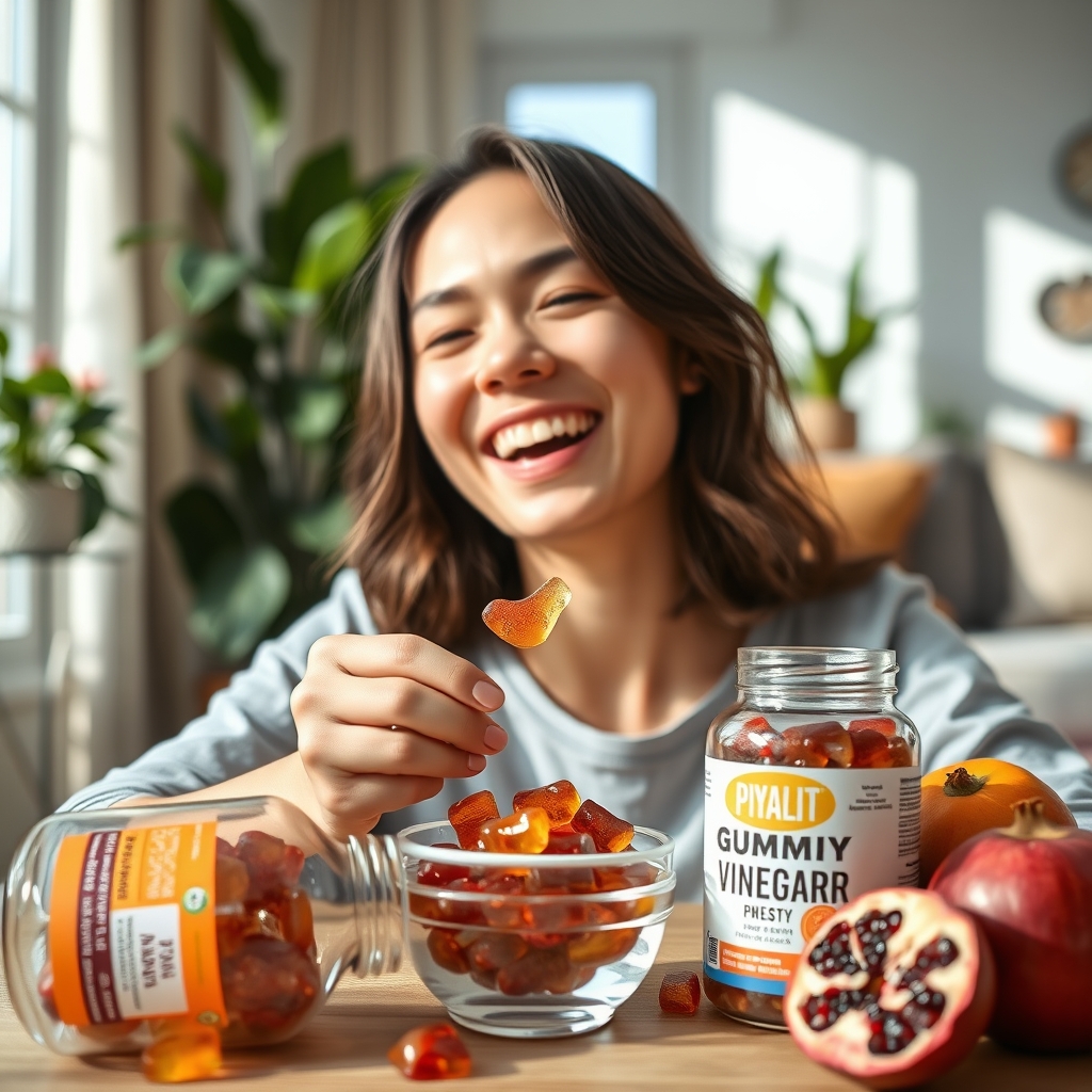 Happy young woman taking apple cider vinegar ACV gummies for weight loss and metabolism boost, with open gummy supplement jar, glass bowl of ACV gummies, and fresh pomegranate on table in bright home setting, best ACV gummies for belly fat, digestion, and appetite control
