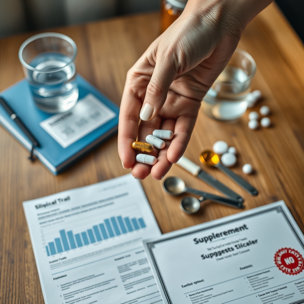 Woman holding longevity supplement capsules including NMN and resveratrol over clinical trial research papers, supplement fact sheets, measuring spoons, and glass of water on wooden desk, comparing best anti-aging supplements for healthy aging