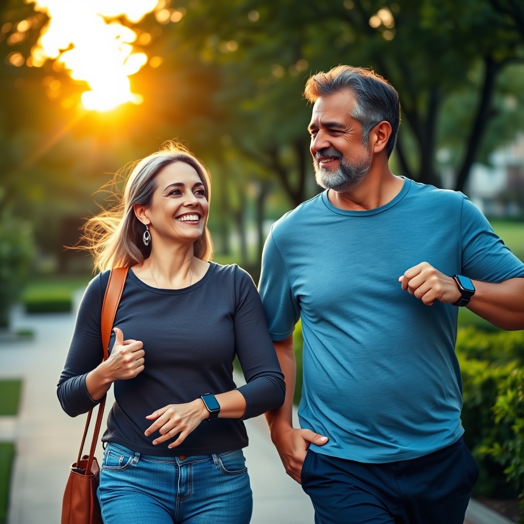 Happy middle-aged couple jogging together in a sunny park wearing fitness trackers, smiling and staying active, representing healthy aging, longevity lifestyle, and the benefits of daily exercise and anti-aging supplements