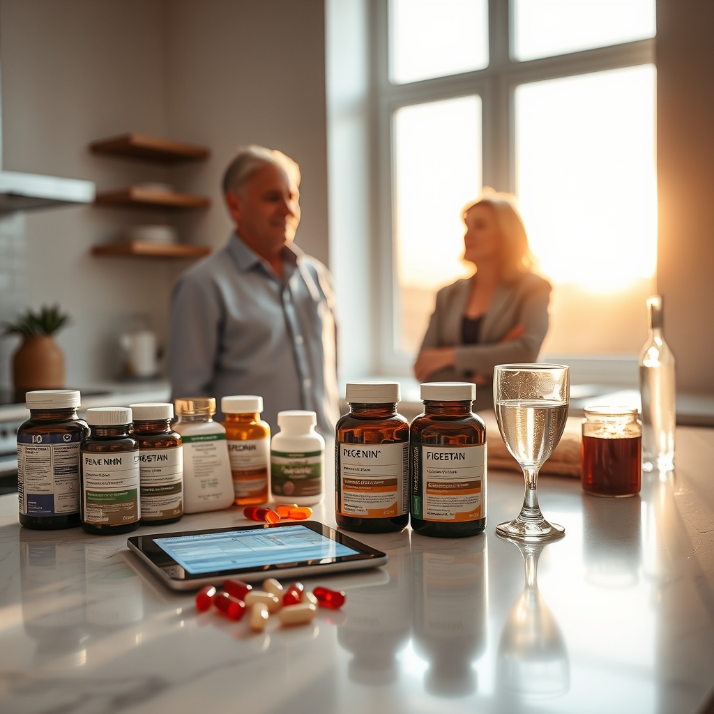 Couple comparing top longevity and anti-aging supplements and vitamins on kitchen counter